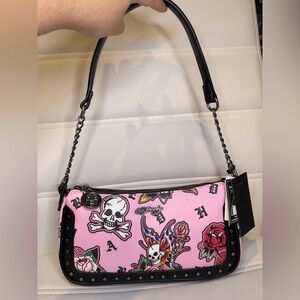 NWT Ed Hardy Pink Skull Butterflies & Flowers Mini Studded Shoulder Bag